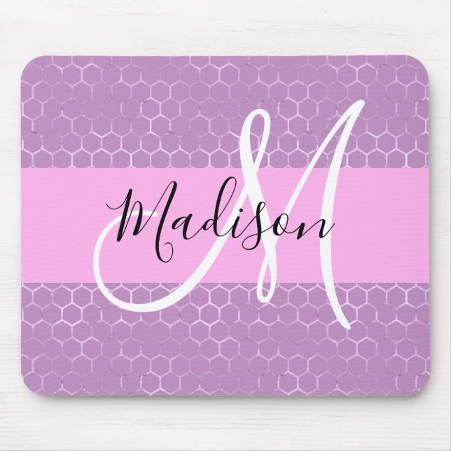 Glam Lilac Metallic Pink Honeycomb Monogram Name Mousepad (Vorne)
