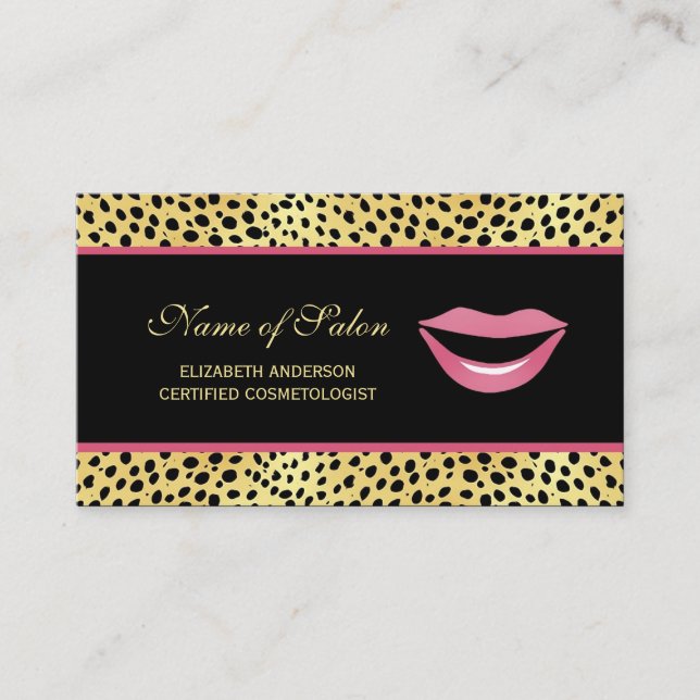 Glam Lips Black Gold Cheetah Print Cosmetologin Visitenkarte (Vorderseite)