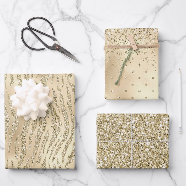 Glam Luxe Gold Glitzer Zebra Print Geschenkpapier Set (Vorderseite)