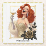Glam Luxe Party Glamour Diva in Gold Personalize Untersetzer<br><div class="desc">Add instant sparkle to your celebration with this personalized paper coaster featuring a radiant red-haired diva in a glittering gold gown, laughing joyfully with a martini in hand. Her dazzling jewelry, white gloves, and fur stole pop against the bold black background, framed by ornate gold scrollwork and black-and-gold roses. Printed...</div>