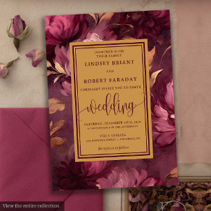 Glam Luxury Maroon Blush Gold Floral Wedding Einladung