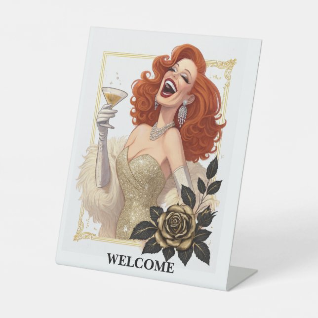 Glam Luxus-Party Glamour Divendame in Gold Persona Sockelschild (Vorderseite)