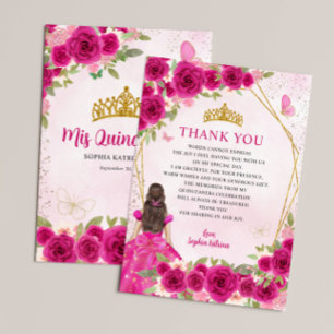Glam Magenta Pink Gold Floral Prinzessin Quinceañe Dankeskarte