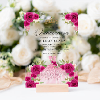 Glam Magenta Rosa Kleid Floral 15. Quinceañera Acryleinladungen