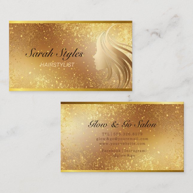 Glam Makeup Artist Hair Stylist Gold Glitzer Stars Visitenkarte (Vorne/Hinten)