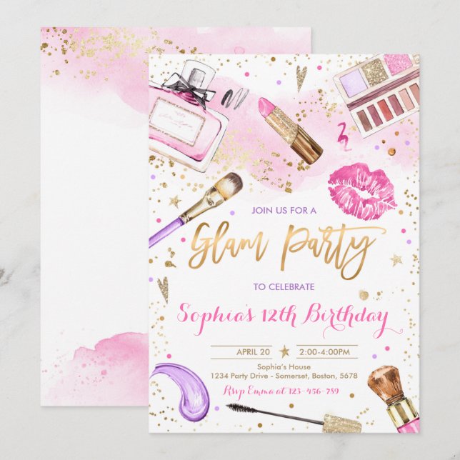 Glam Makeup Geburtstagsparty Rosa Wellness-Center  Einladung (Vorne/Hinten)