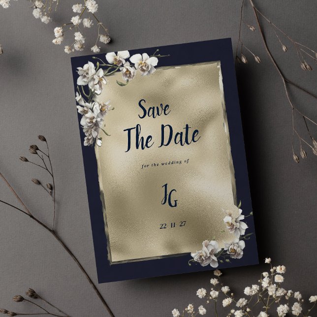 Glam Marineblau, weißer Goldorchid: Das Datum spei Einladung (Glam navy blue gold white orchid Save The Date)