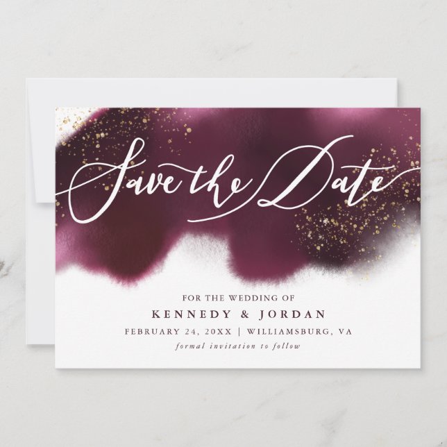 Glam Maroon und Gold Glitzer Save The Date (Vorderseite)