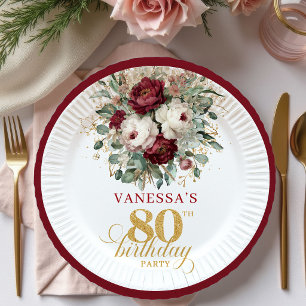 Glam Marsala Floral Gold 80. Geburtstag Papier-Tel Pappteller
