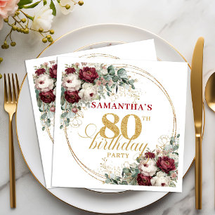 Glam Marsala Floral Gold 80. Geburtstag Servietten