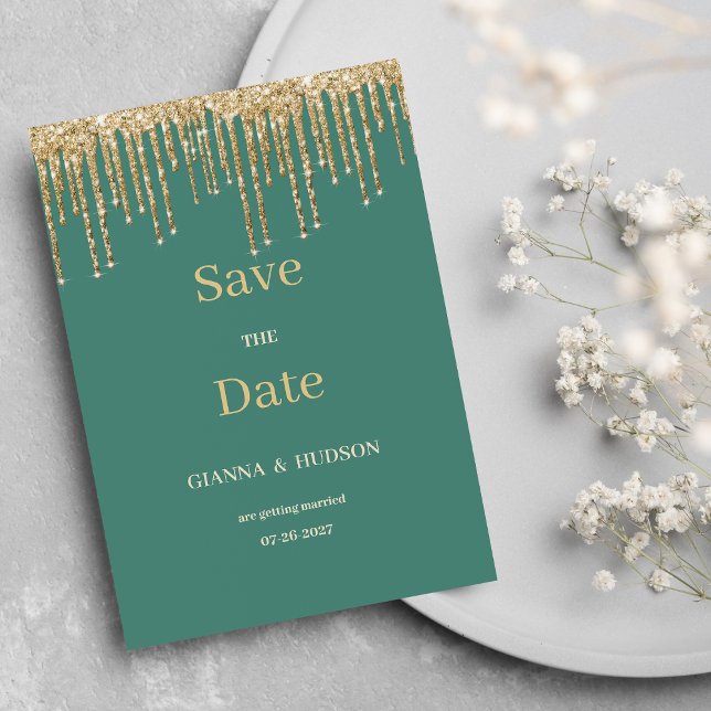 Glam maul-grüner Glitzer Tropfen Save the Date Einladung (Glam mauve green gold glitter drips Save the Date)