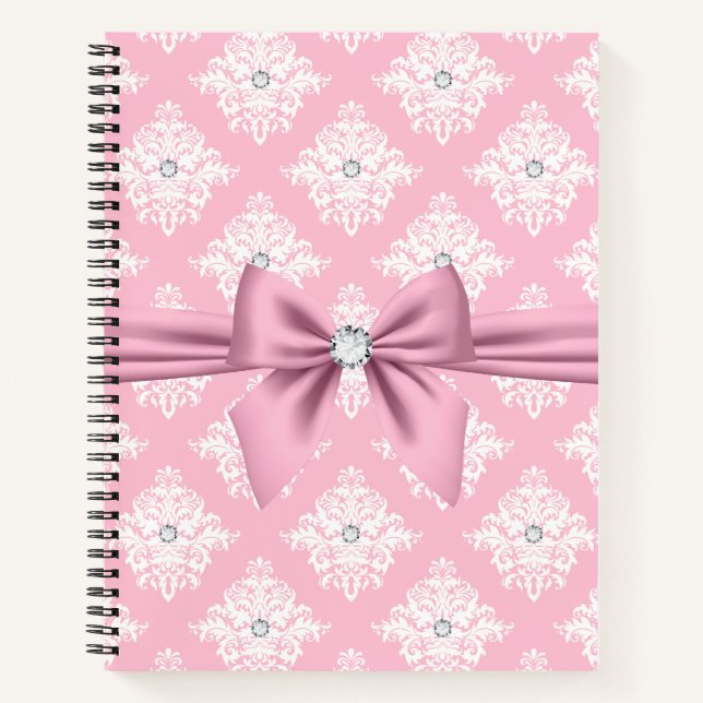 Glam Mauve Pink Bow Diamonds White Damask Notizbuch (Vorderseite)