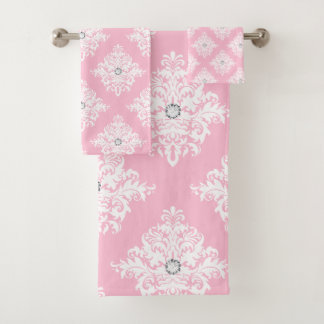 Glam Mauve Pink Diamonds White Damask Badhandtuch Set