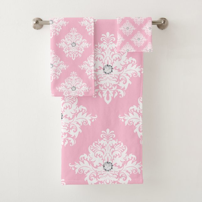 Glam Mauve Pink Diamonds White Damask Badhandtuch Set (Insitu)