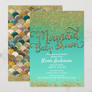 Glam-Meerjungfrau-Baby-Party Gold-Glitter & Türkis Einladung