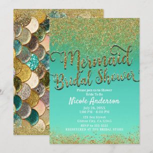 Glam-Meerjungfrau-Brautparty Gold Glitter & Türkis Einladung
