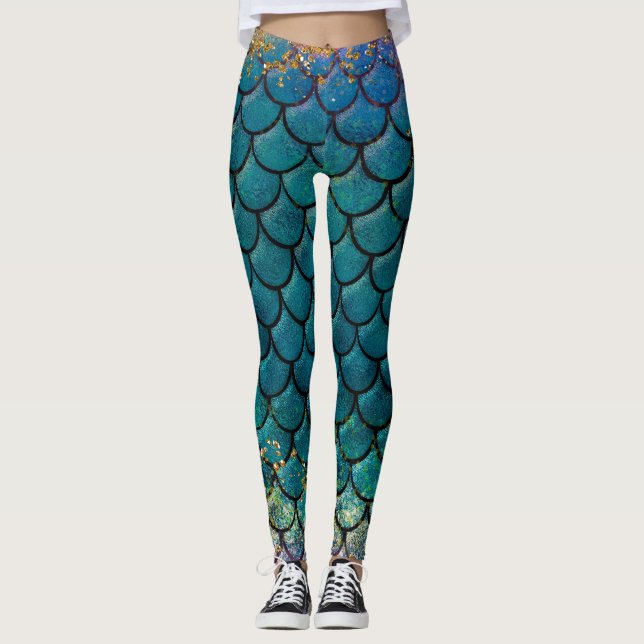 Glam Meerjungfrau Fischskala Aquamarine Lila Golds Leggings (Vorderseite)