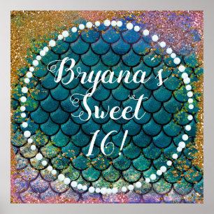 Glam Meerjungfrau Fischskala Aquamarine Lila Golds Poster