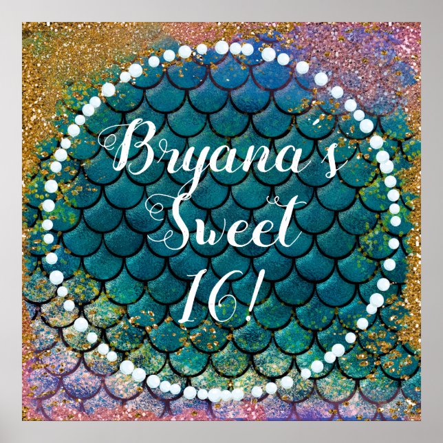 Glam Meerjungfrau Fischskala Aquamarine Lila Golds Poster (Vorne)