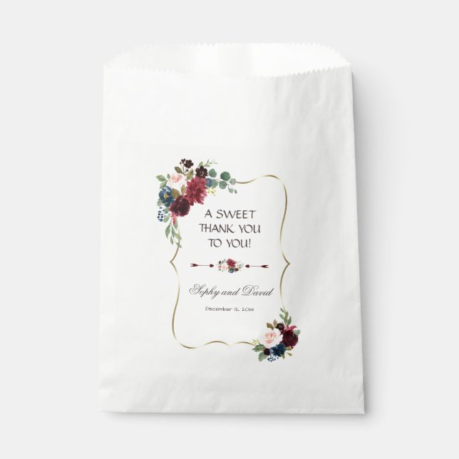 Glam Merlot Navy Blue Floral Wedding DANKE Geschenktütchen (Vorderseite)