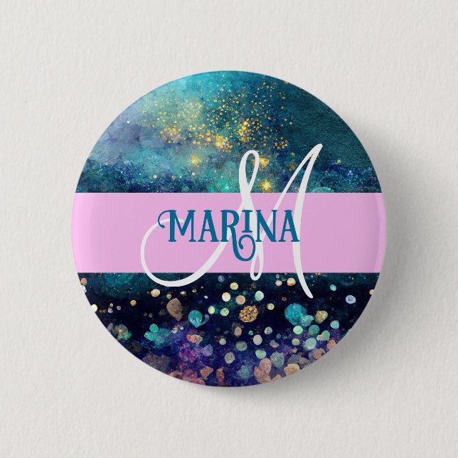 Glam Mermaid Aqua Gold Glitzer Glitzern Monogram Button (Vorderseite)