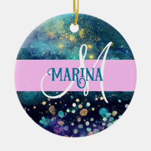 Glam Mermaid Aqua Gold Glitzer Glitzern Monogram Keramik Ornament