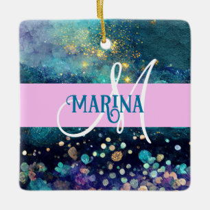 Glam Mermaid Aqua Gold Glitzer Glitzern Monogram Keramikornament