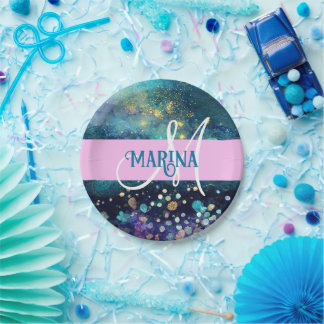 Glam Mermaid Aqua Gold Glitzer Glitzern Monogram Pappteller