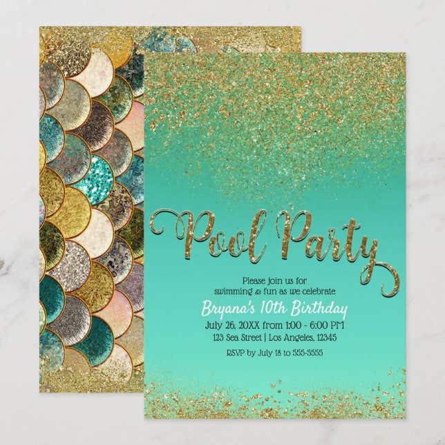 Glam Mermaid Pool Party Gold Glitzer Aquamarin Geb Einladung (Vorne/Hinten)