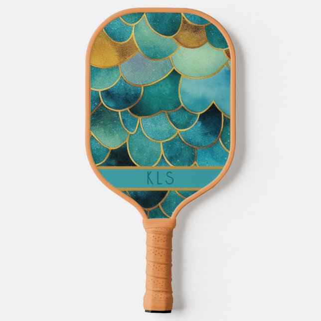 Glam Mermaid Scales Aquamarin & Gold Monogram Pickleball Schläger (Rückseite)
