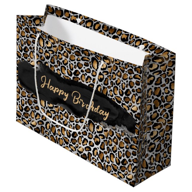 Glam Metallic Leopard Print Birthday Große Geschenktüte (Vorderseite Schrägansicht)