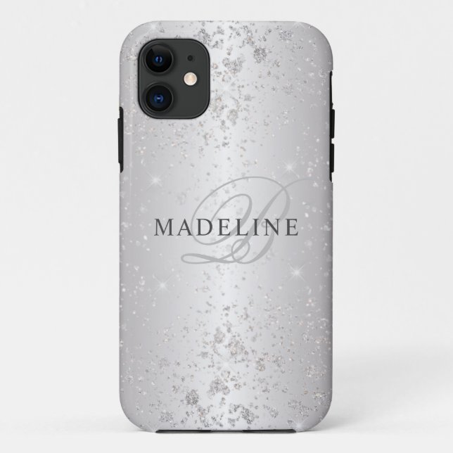 Glam Metallic Silver Glitzer Anpassbarer Name Case-Mate iPhone Hülle (Rückseite)