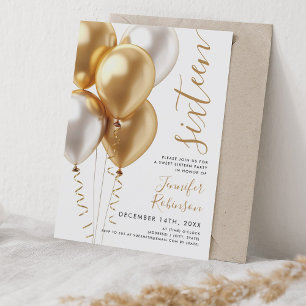 Glam Minimal Gold Balloons Sweet 16 Birthday Einladung