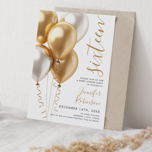 Glam Minimal Gold Balloons Sweet 16 Birthday Einladung (Glam Minimal Gold Balloons Sweet 16 Birthday Invitation)