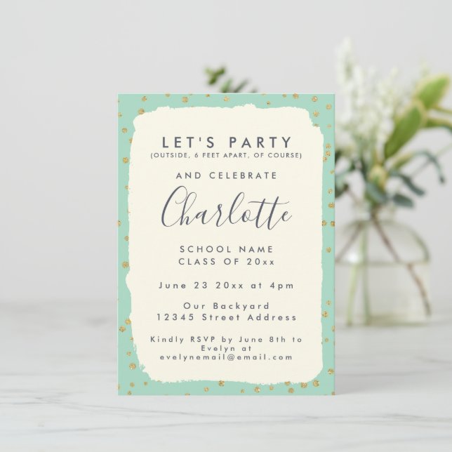 Glam Mint Green Gold Dots Custom Graduation Party Einladung (Stehend Vorderseite)