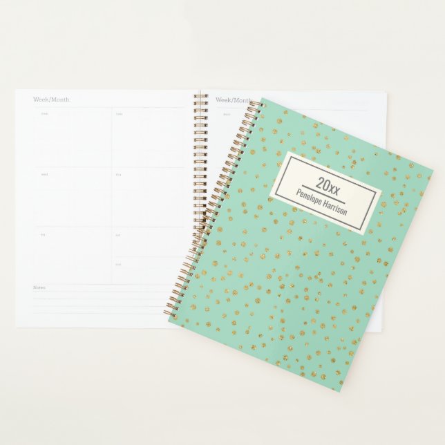 Glam Mint Green Gold Dots Muster Personalisiert Planer (Anzeige)