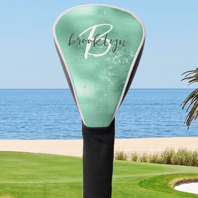 Glam Mint Green Trendy Script Monogram Golf Headcover (Von Creator hochgeladen)