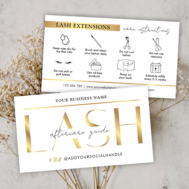 Glam Modern Gold Lash Extensions Aftercare Guide Visitenkarte (Von Creator hochgeladen)
