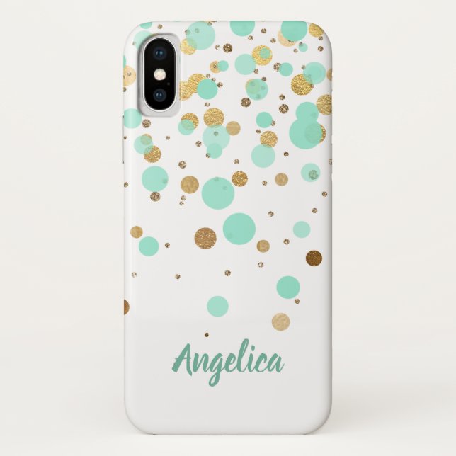 Glam Modern Mint Gold Glitzer Confetti Script Name Case-Mate iPhone Hülle (Rückseite)