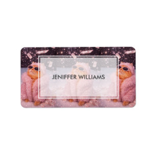 Glam Money Katze in rosa Pelzmantel und Sonnenbril Adressaufkleber