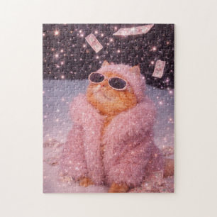 Glam Money Katze in rosa Pelzmantel und Sonnenbril Puzzle