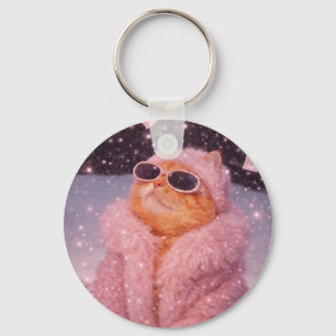 Glam Money Katze in rosa Pelzmantel und Sonnenbril Schlüsselanhänger