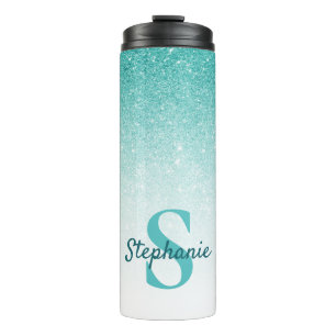 Glam Monogram Glitzer Aquamarin Ombre Thermosbecher