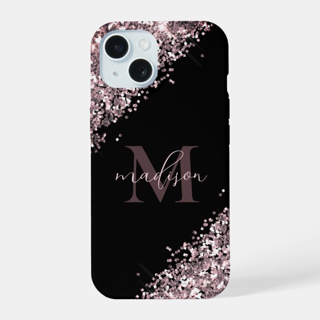 Glam Monogram Glitzer Rose Gold iPhone 15 Hülle (Rückseite)