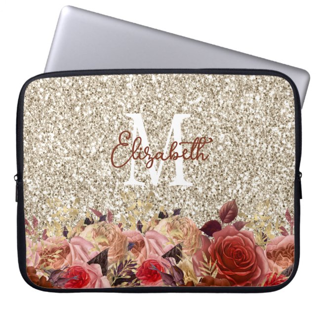 Glam Monogram Rose Gold Blume Light Gold Glitzer Laptopschutzhülle (Vorderseite)