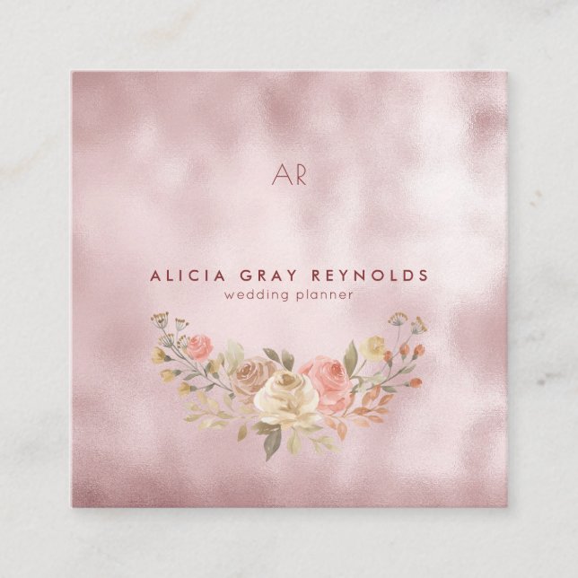 Glam Monogram Rose Gold Floral Wedding Planner Quadratische Visitenkarte (Vorderseite)