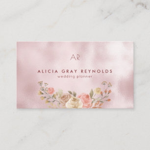 Glam Monogram Rose Gold Floral Wedding Planner Visitenkarte