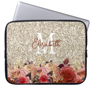 Glam Monogramm Roségold Blumen Hellgold Glitter Laptopschutzhülle