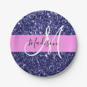 Glam Navy Blau Pink Glitter Funkeln Name Monogramm Pappteller