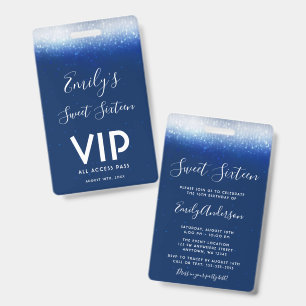 Glam Navy Blau Sweet 16 Einladung VIP Pass Ausweis